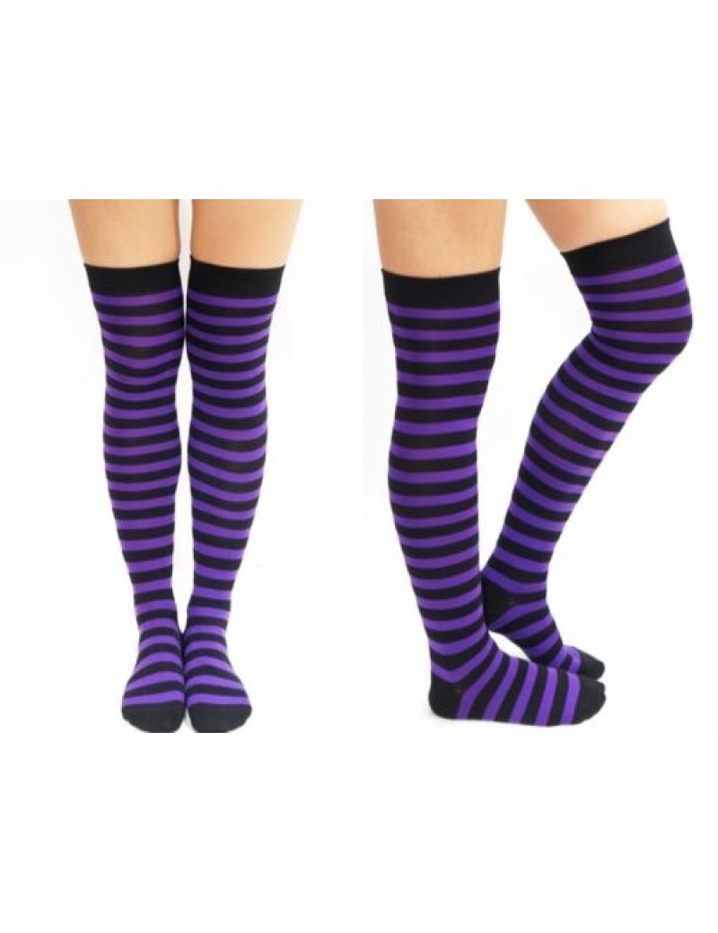 Black And Purple Striped Over The Knee Socks