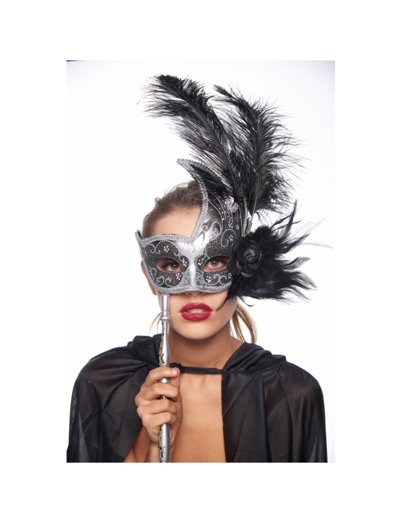 Eyemask Feathered Black And Silver With Stick 