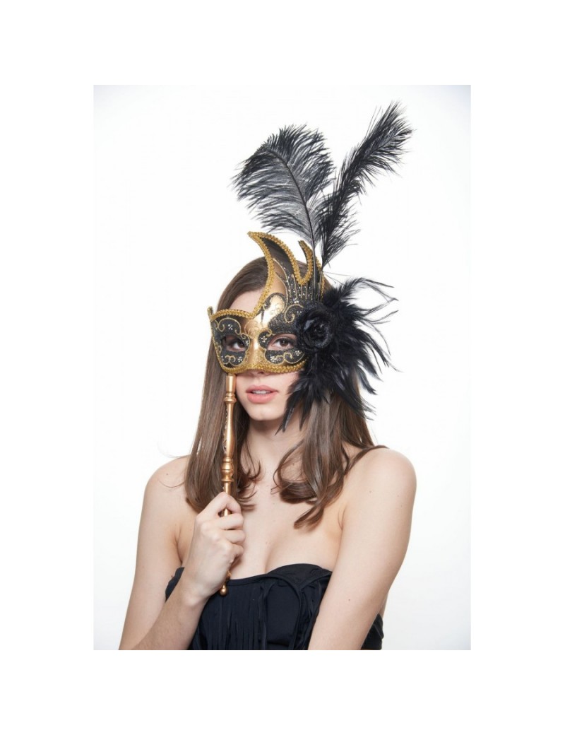 Eyemask Feathered Black And Gold With Stick 