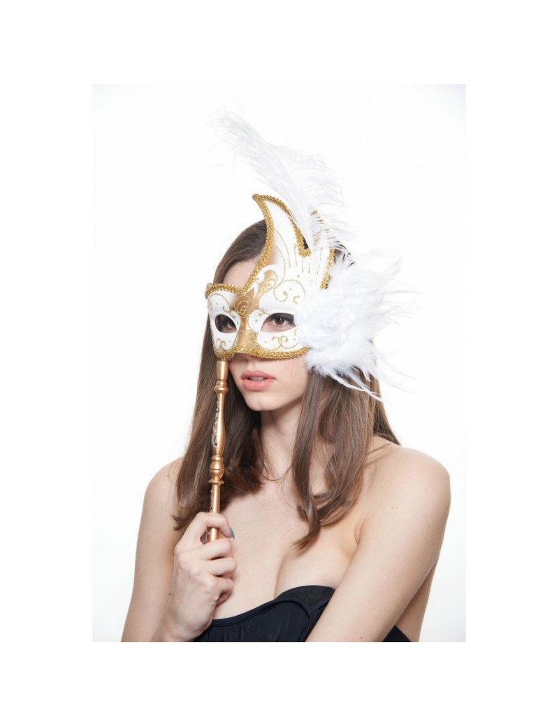 Eyemask Feathered White And Gold With Stick FSM003WHGD