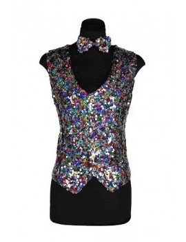 Womens Multi Coloured Sequin Waistcoat And Bow Tie