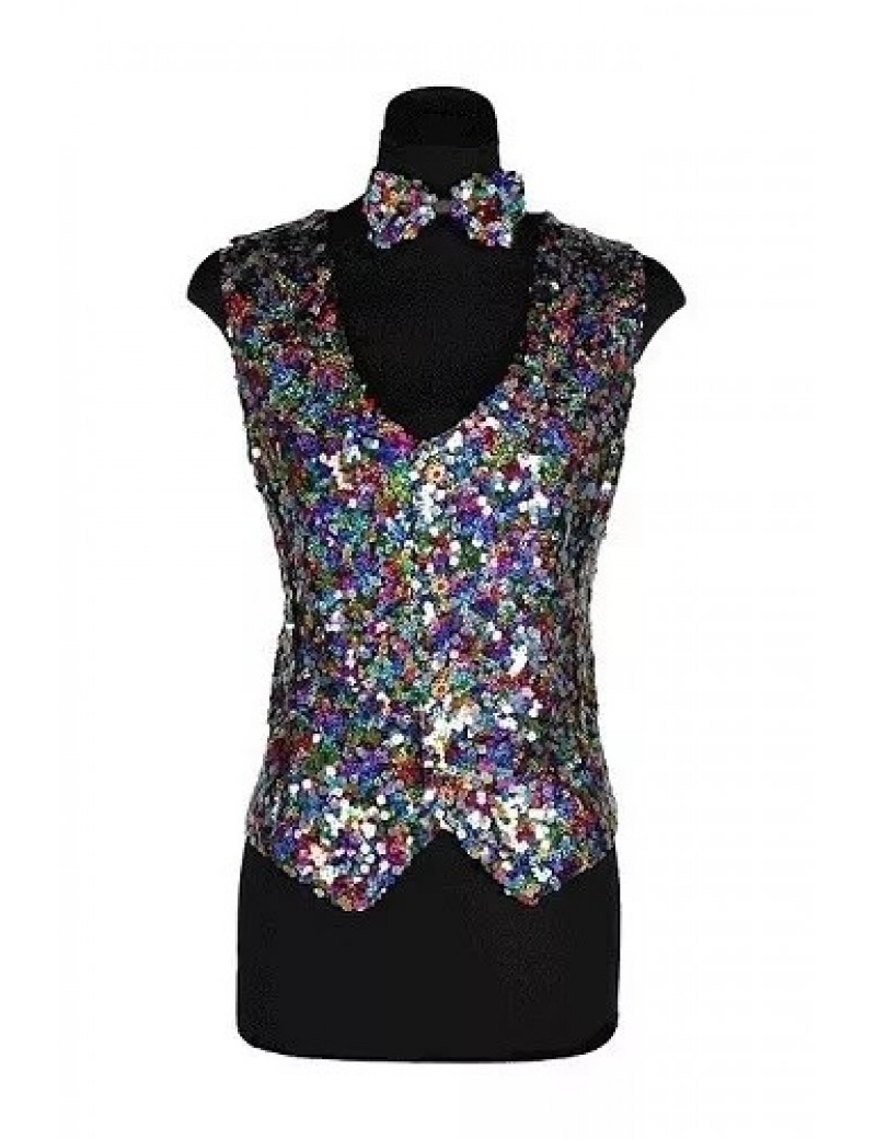 Womens Multi Coloured Sequin Waistcoat And Bow Tie