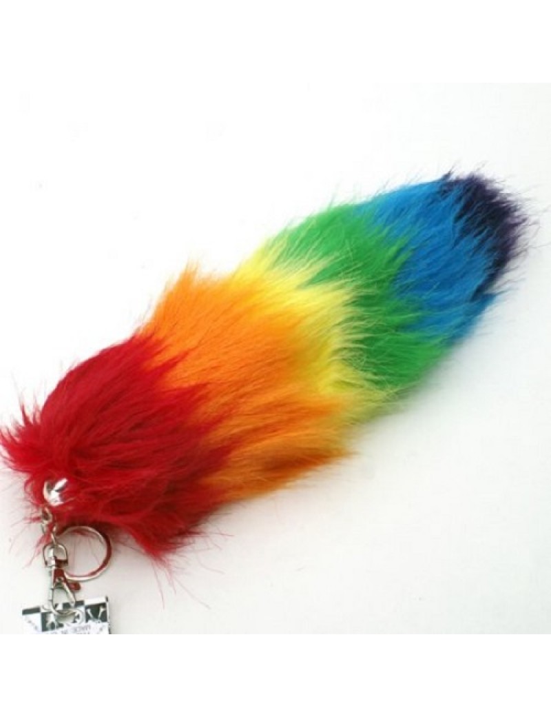 Gay Pride Rainbow Faux Fur Foxtail Keychain Medium