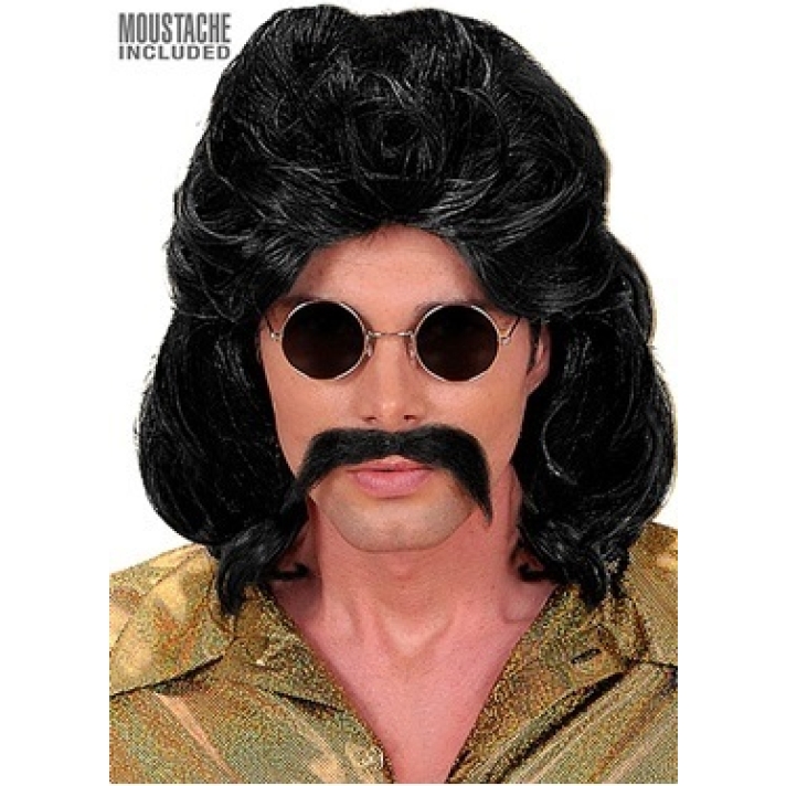 Black 70s Wig And Mousatche