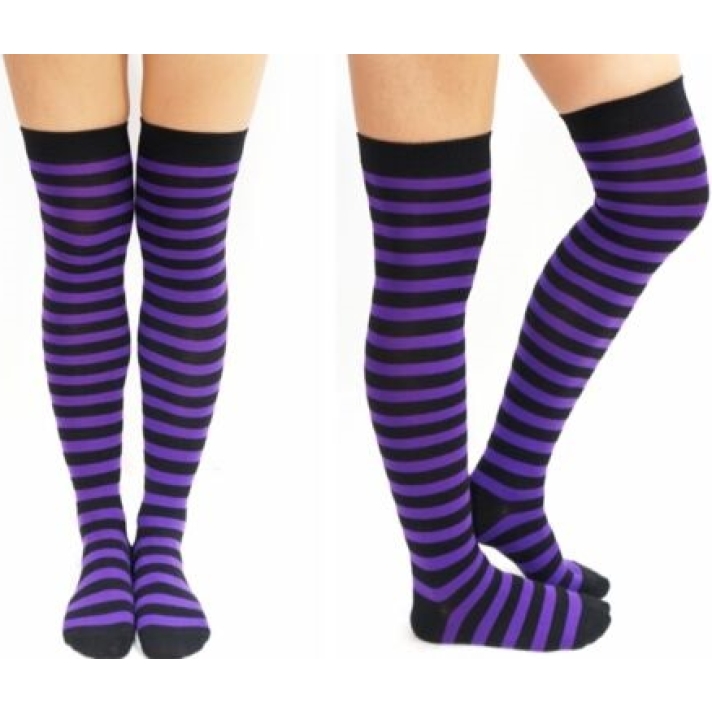 Black And Purple Striped Over The Knee Socks