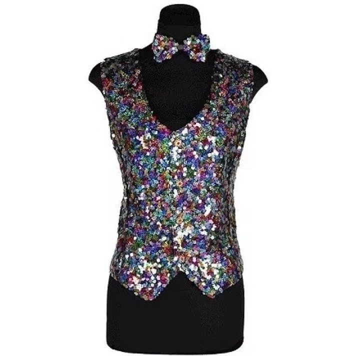 Womens Multi Coloured Sequin Waistcoat And Bow Tie