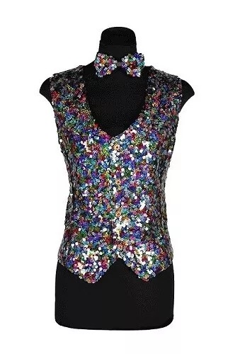 Womens Multi Coloured Sequin Waistcoat And Bow Tie